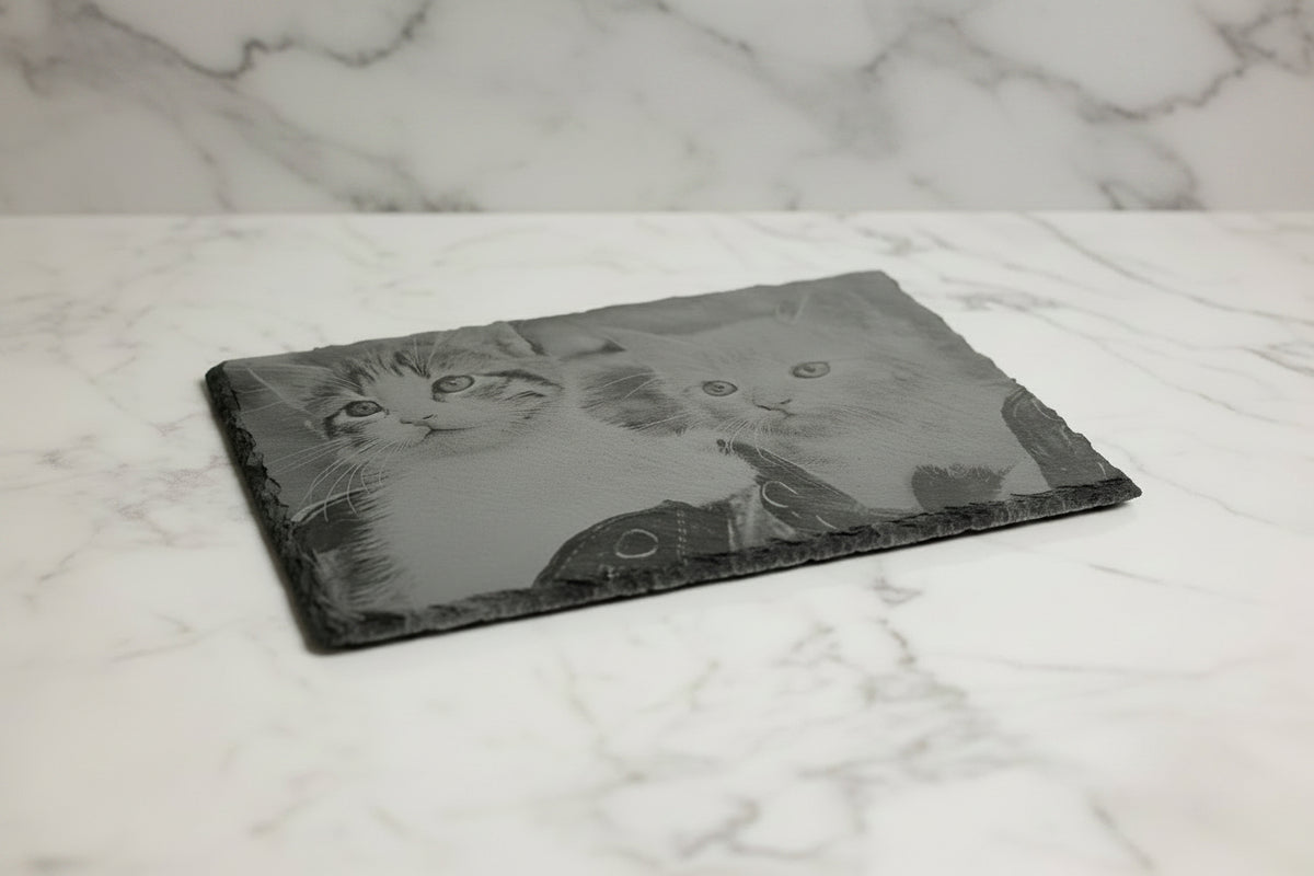 Slate, Lasered engraved.Cats