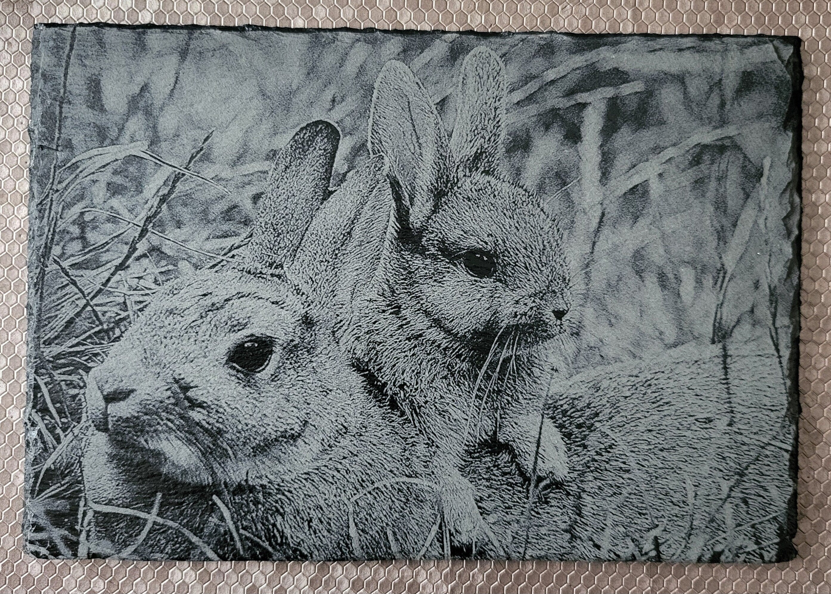 Beautifully detailed laser-engraved slate featuring two charming bunny rabbits