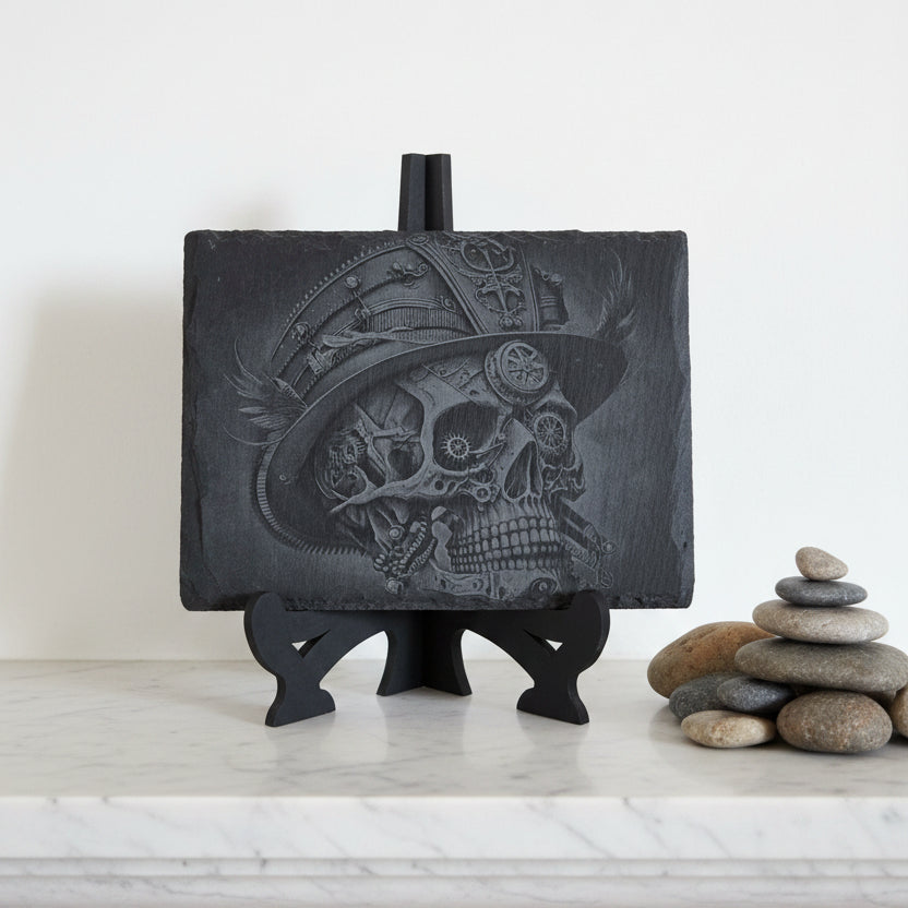 Slate, Lasered engraved,  Steam punk.