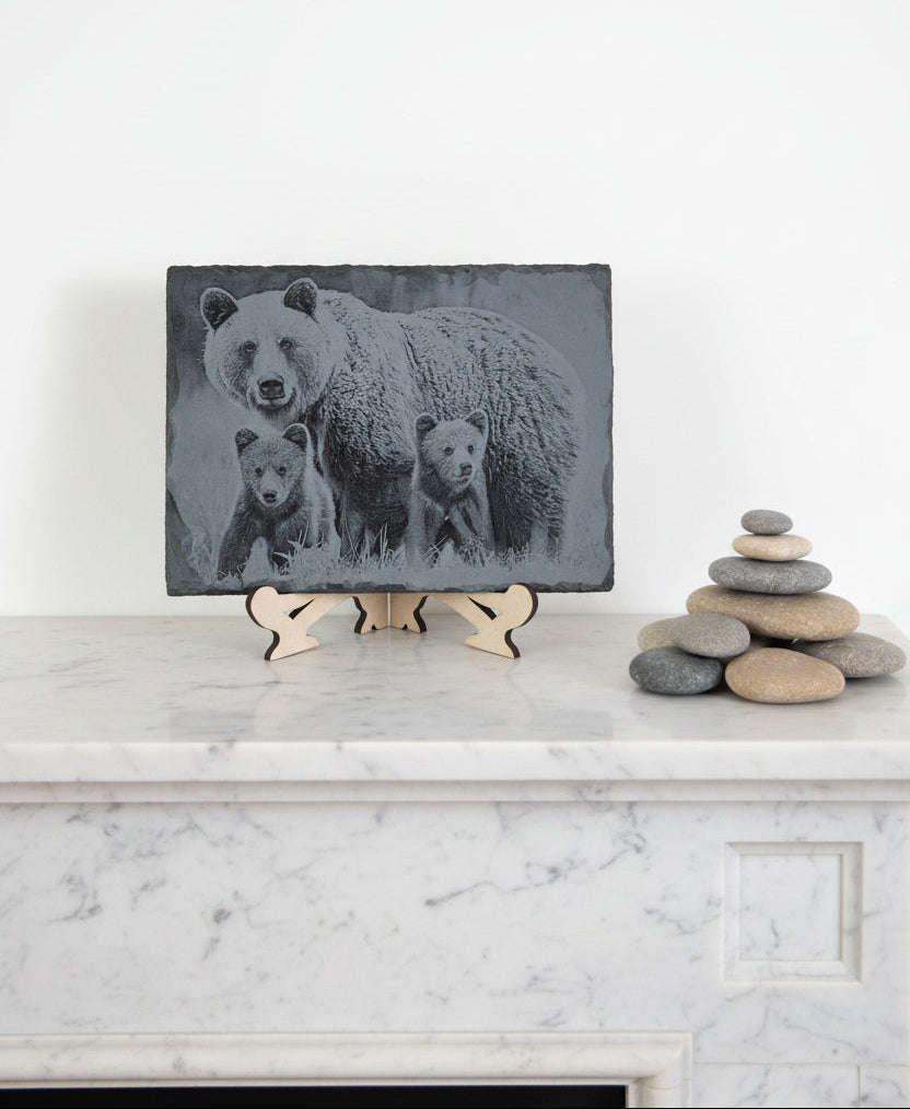 Charming laser-engraved  slate of a Bear family