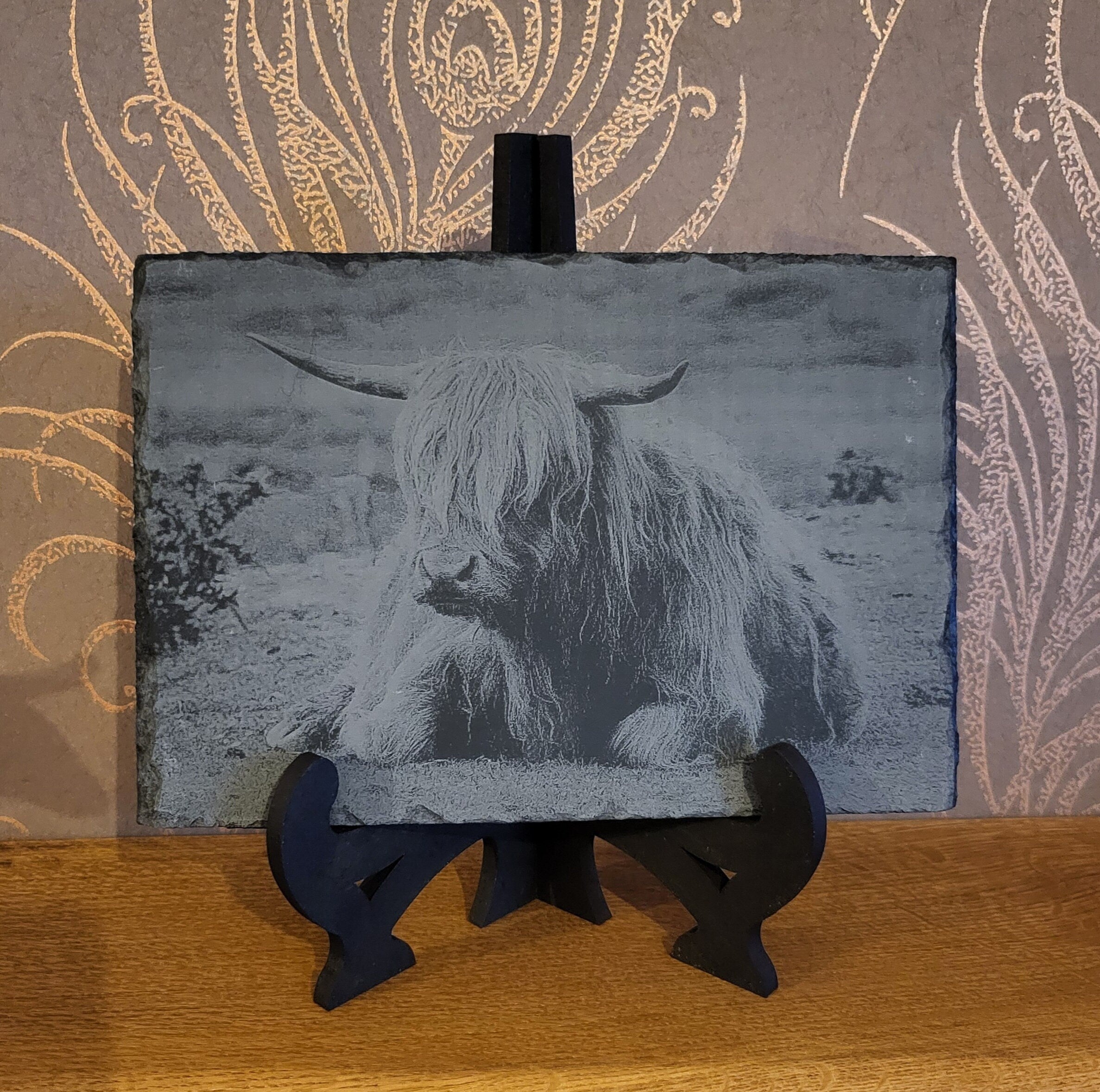 Lasered Engraved slate of Highland cow