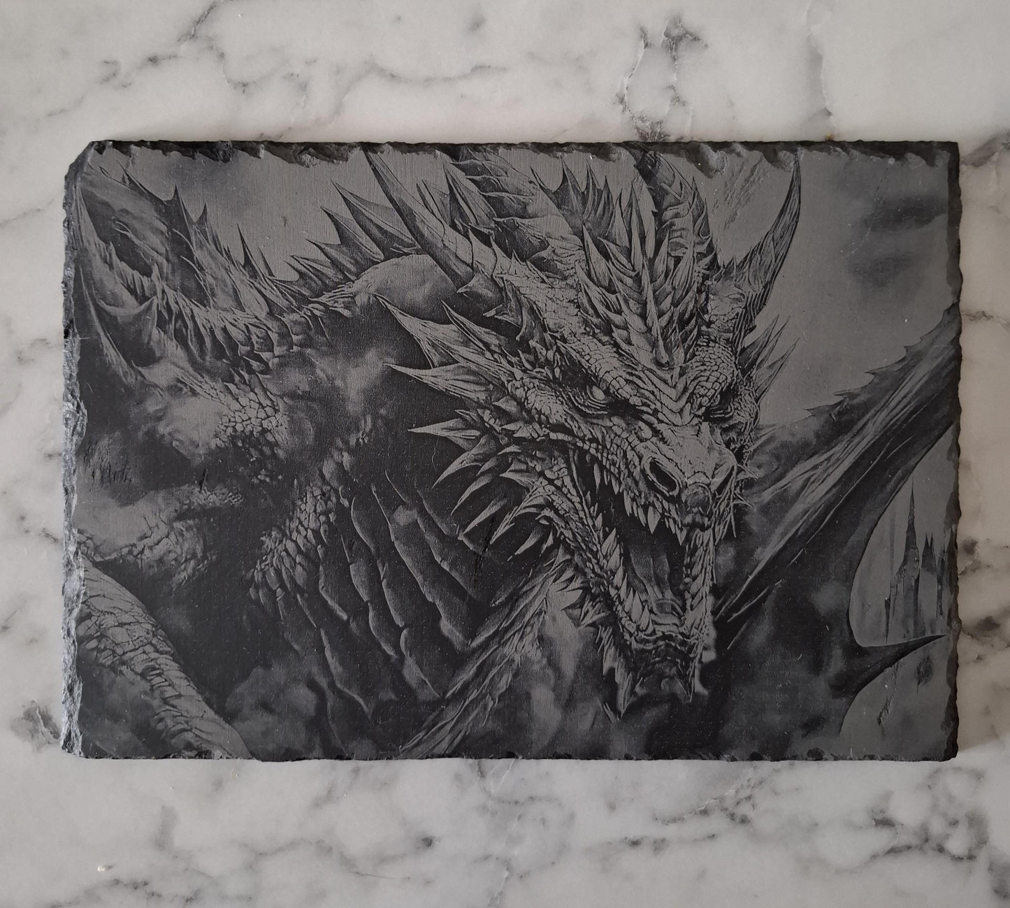 Slate, Lasered engraved dragon design