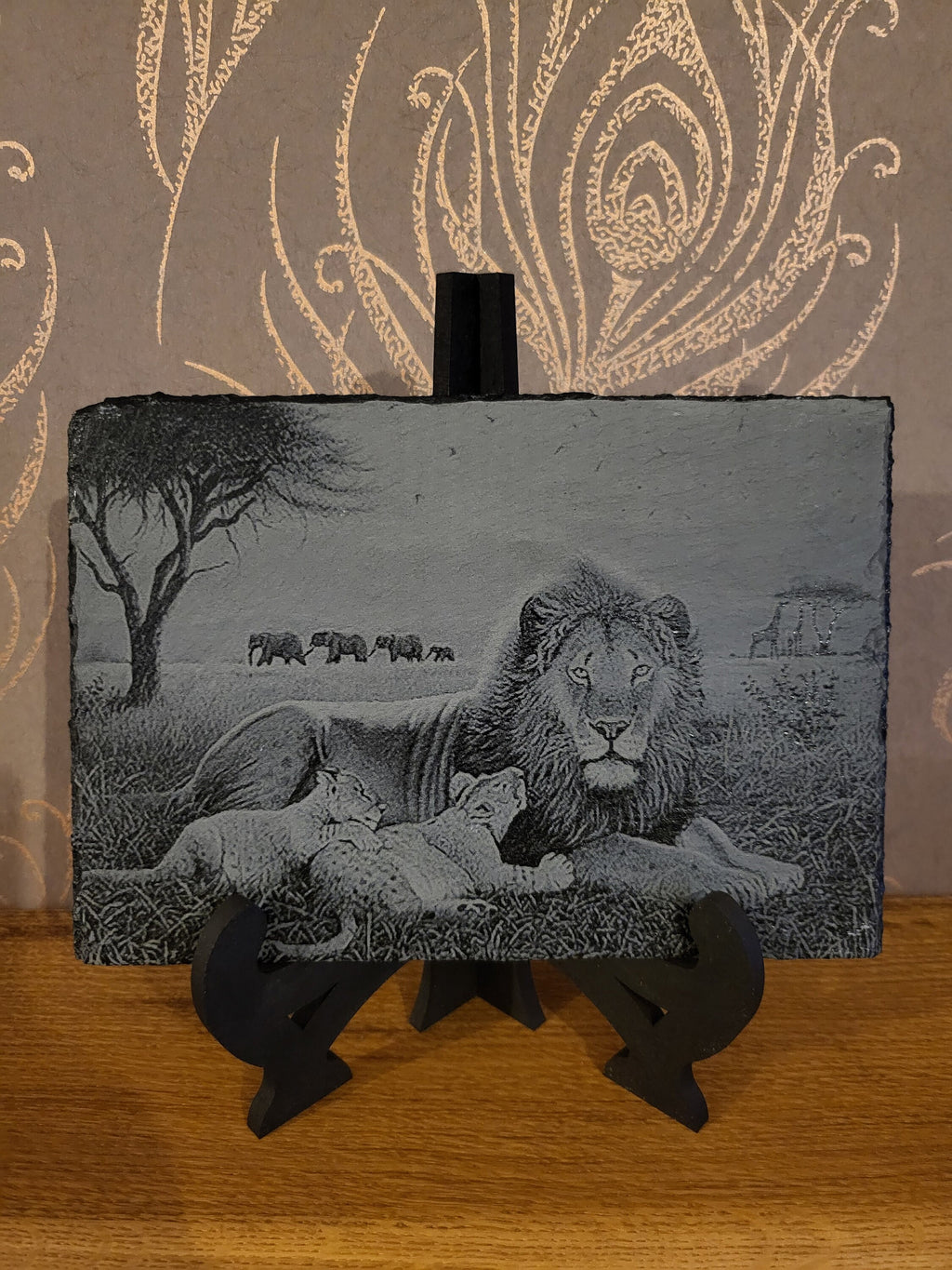Slate, Lasered engraved, Lions.