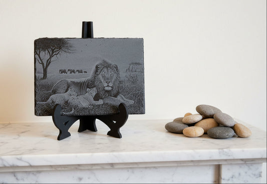 Slate, Lasered engraved, Lions.