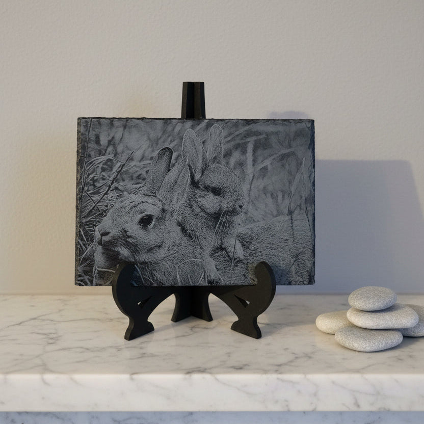 Beautifully detailed laser-engraved slate featuring two charming bunny rabbits