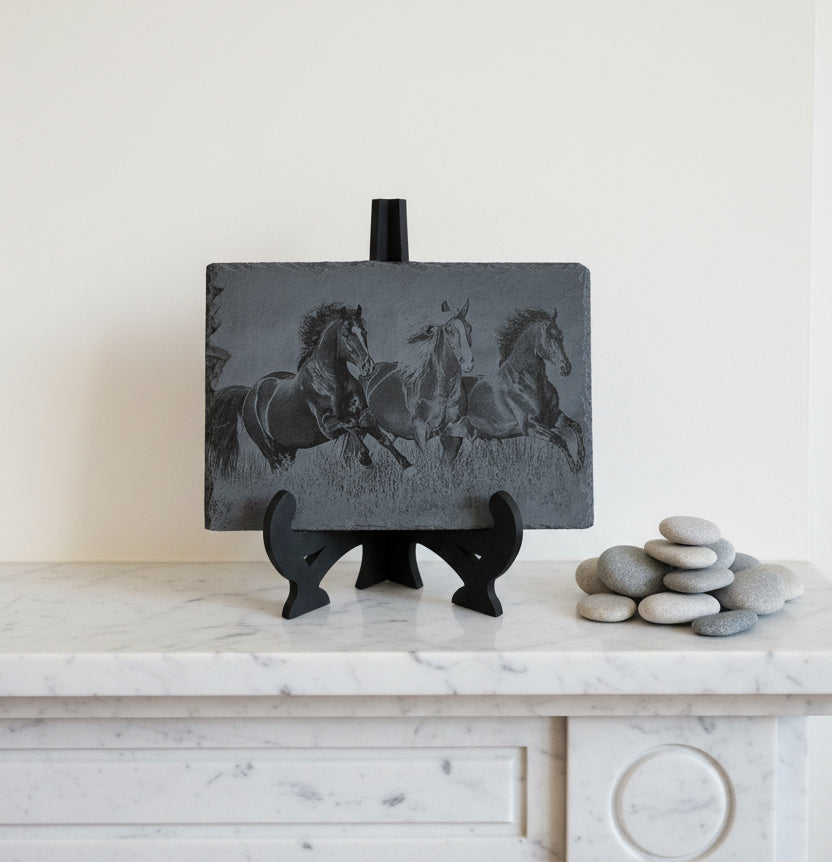 Slate, Lasered engraved,  Horses,