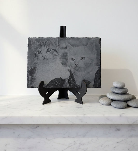 Slate, Lasered engraved.Cats