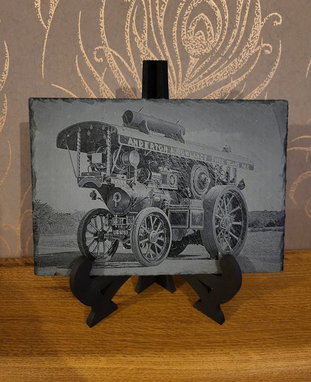 Slate, Lasered engraved, Traction engine.