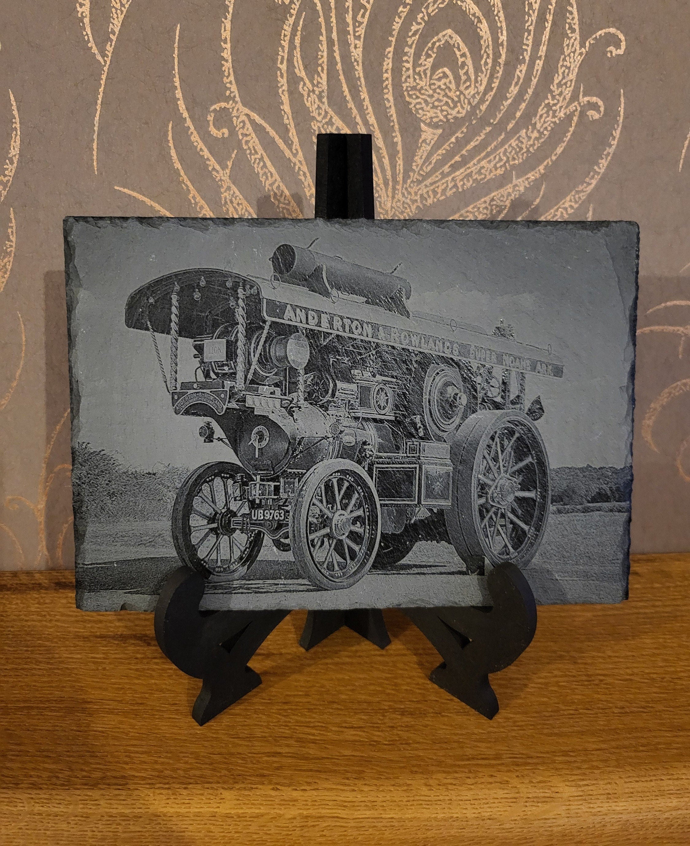 Slate, Lasered engraved, Traction engine.