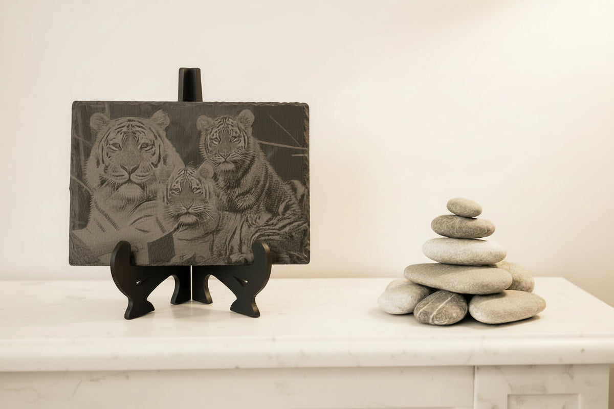 Stunning laser-engraved slate featuring a majestic tiger family design
