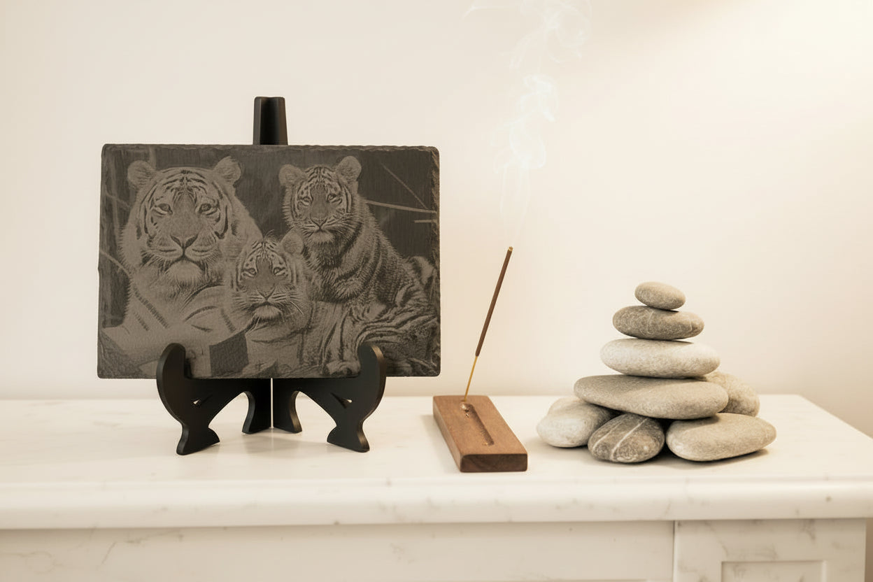 Stunning laser-engraved slate featuring a majestic tiger family design