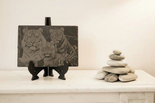 Stunning laser-engraved slate featuring a majestic tiger family design
