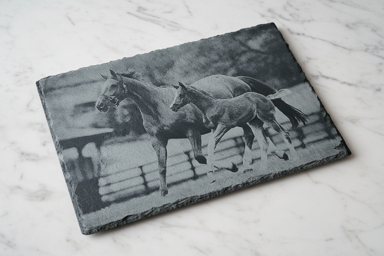 Slate, Lasered engraved,  Horse and Foal,