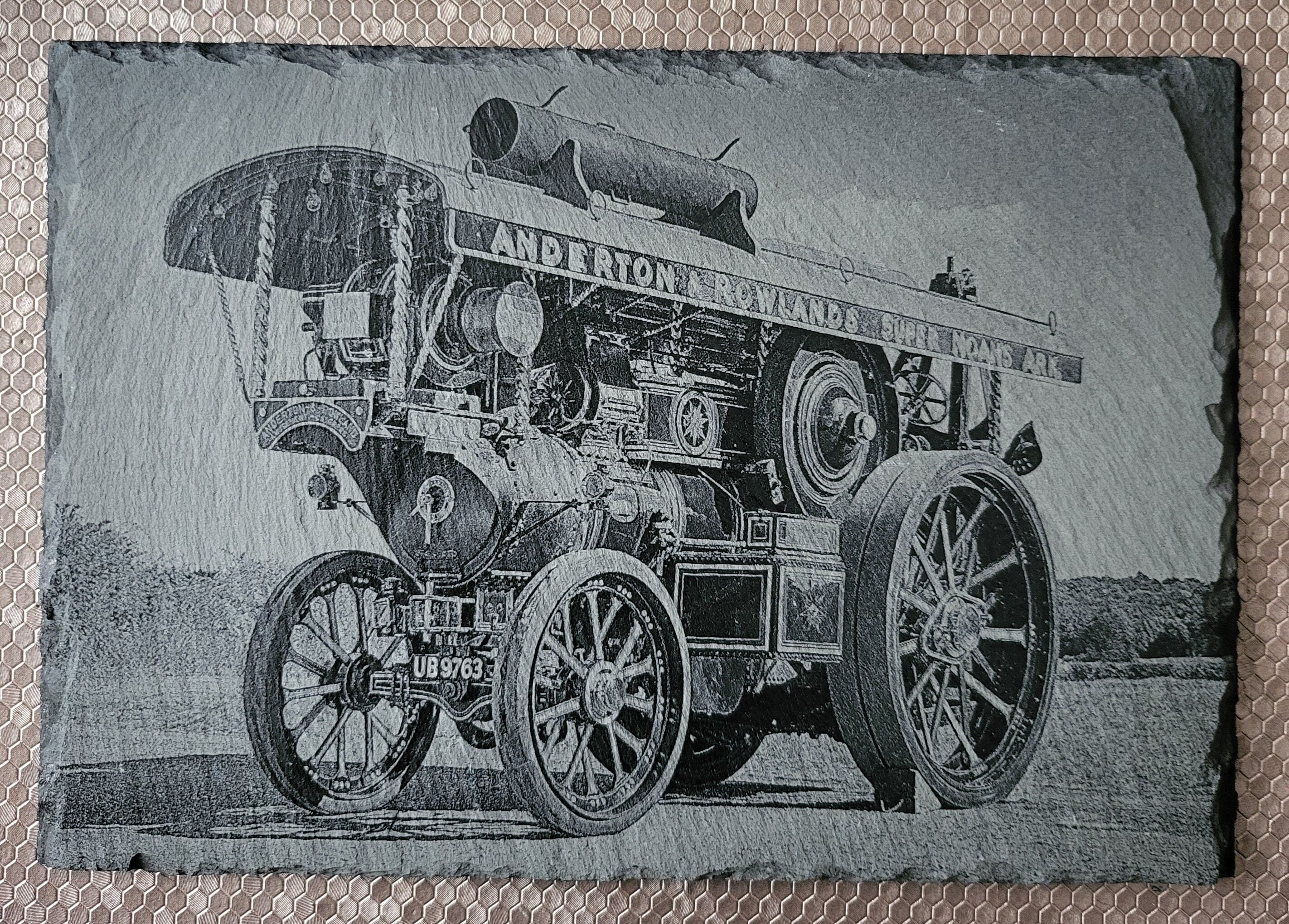Slate, Lasered engraved, Traction engine.