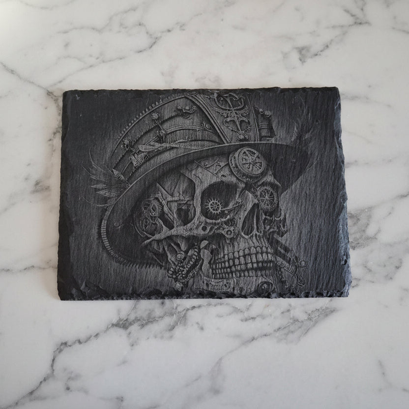Slate, Lasered engraved,  Steam punk.