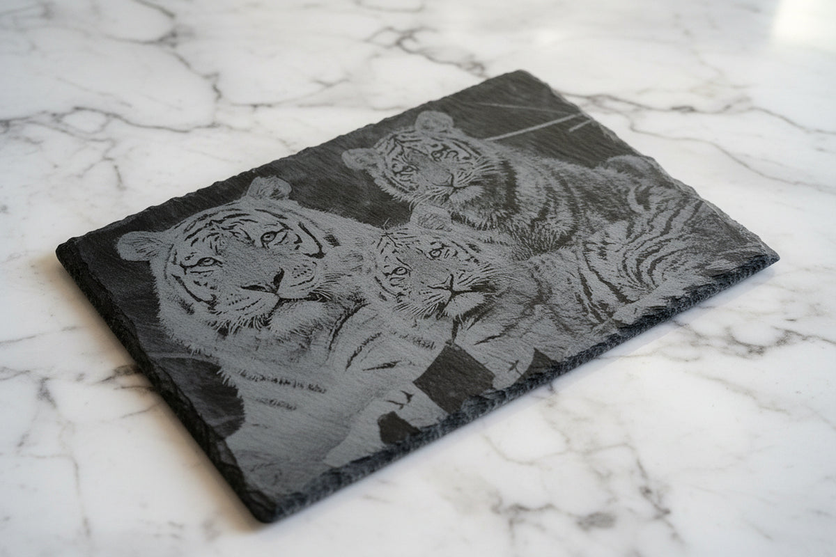Stunning laser-engraved slate featuring a majestic tiger family design