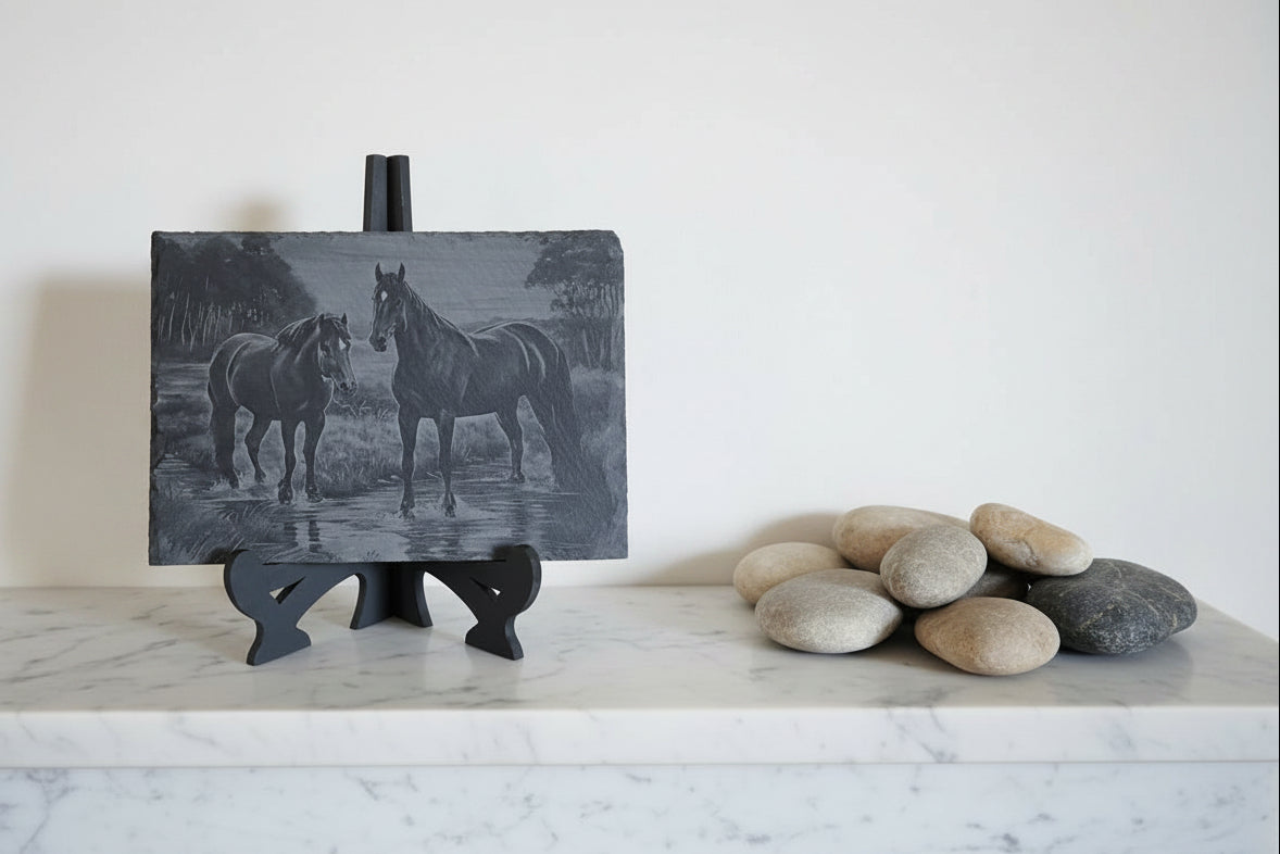 Stunning laser-engraved slate  featuring detailed horses