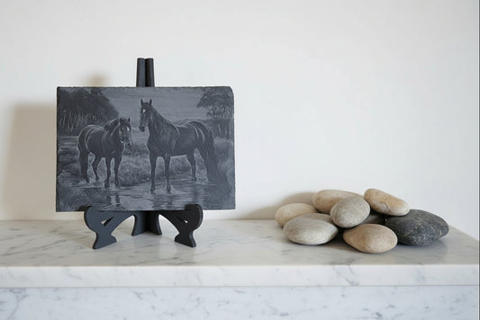 Stunning laser-engraved slate  featuring detailed horses
