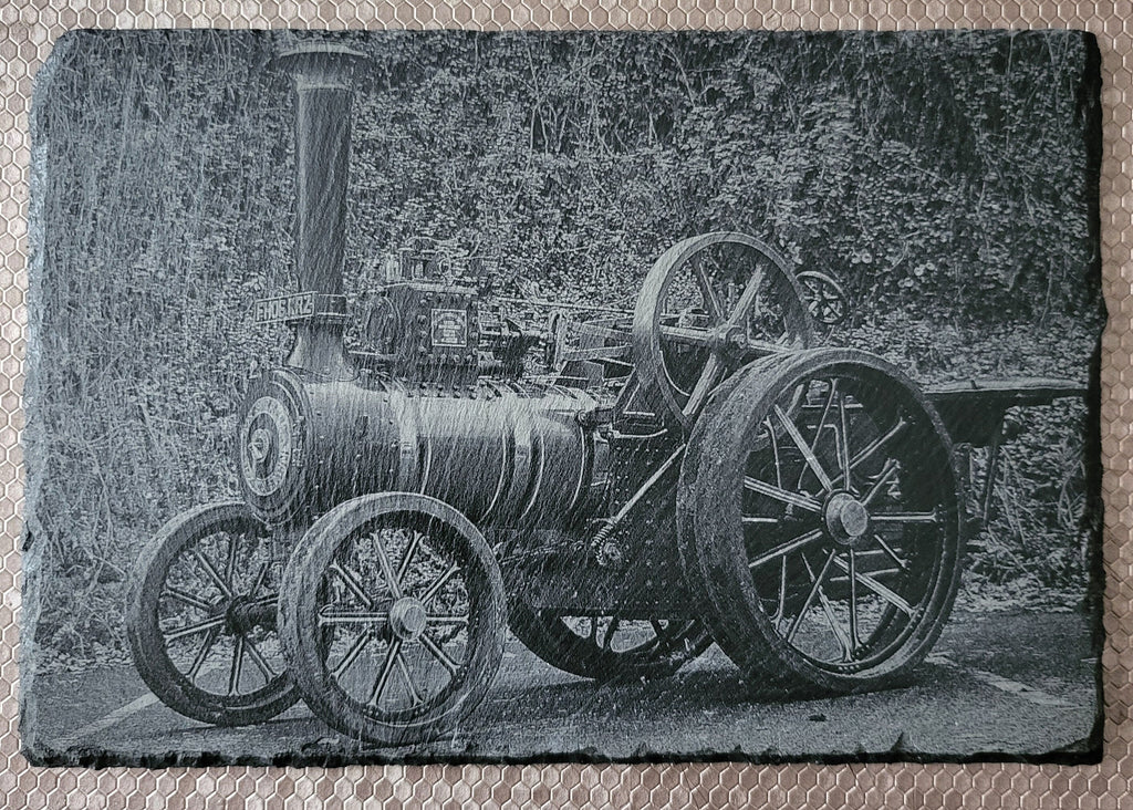 Slate, Lasered engraved, Traction engine.