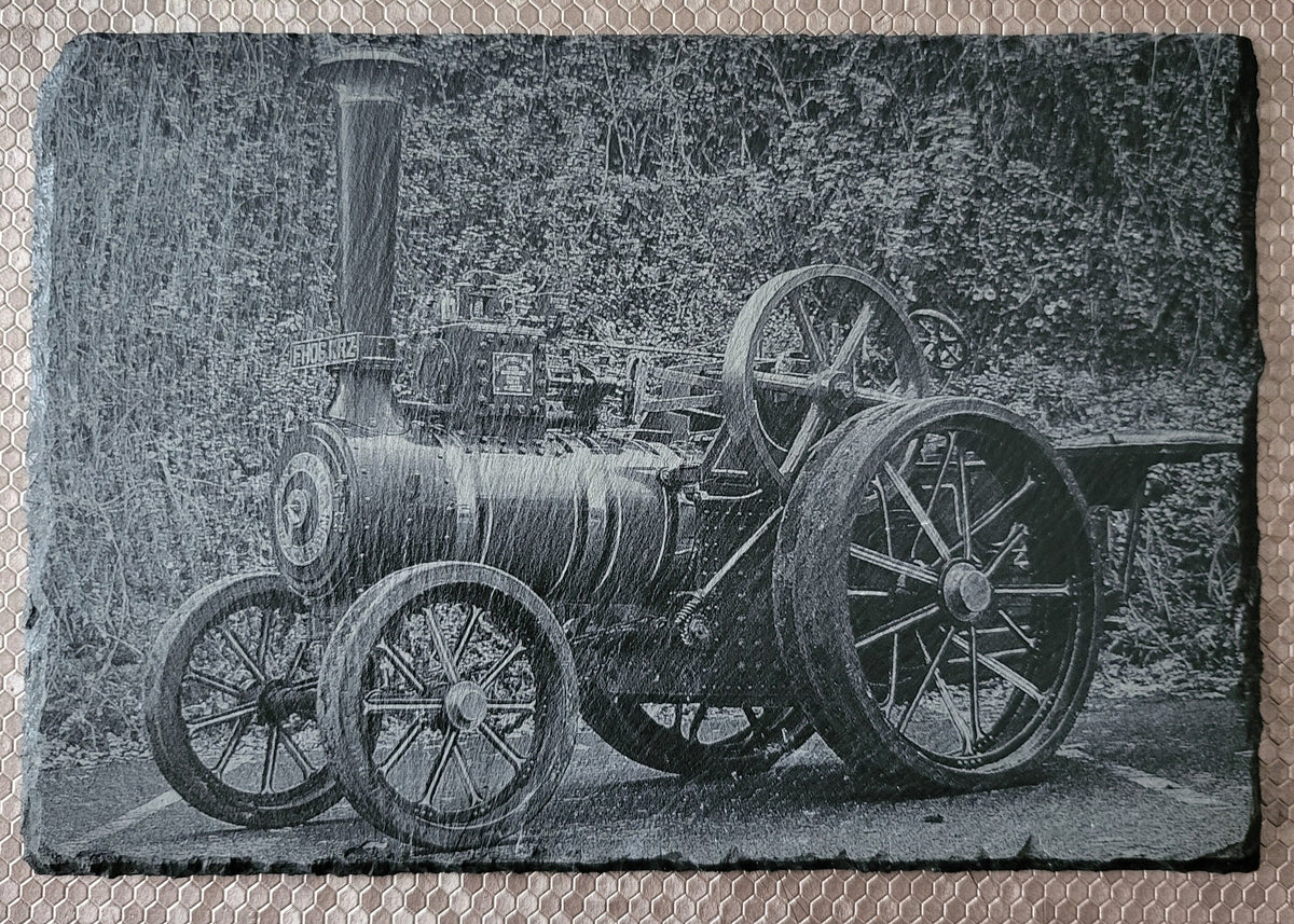 Slate, Lasered engraved, Traction engine.