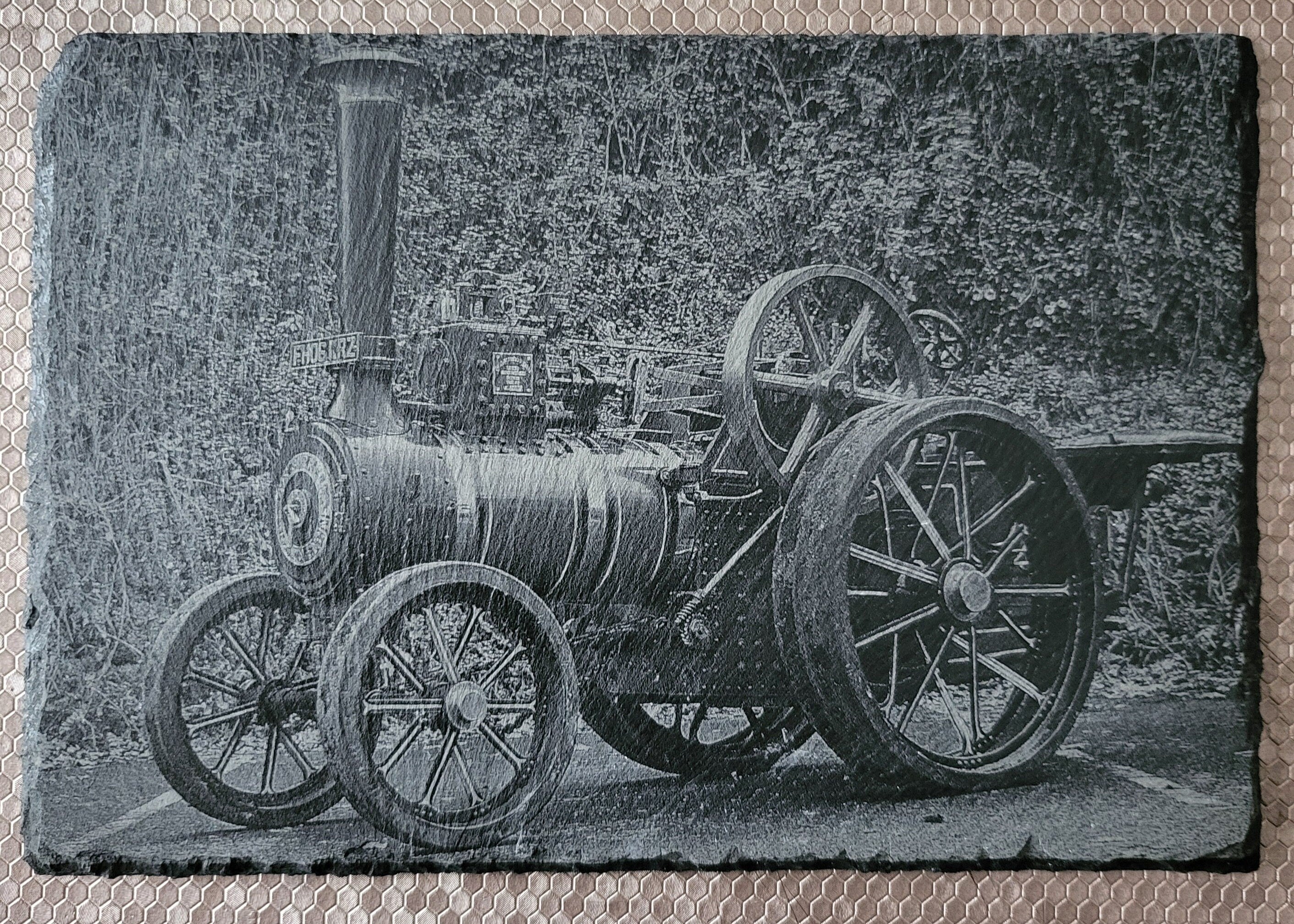 Slate, Lasered engraved, Traction engine.