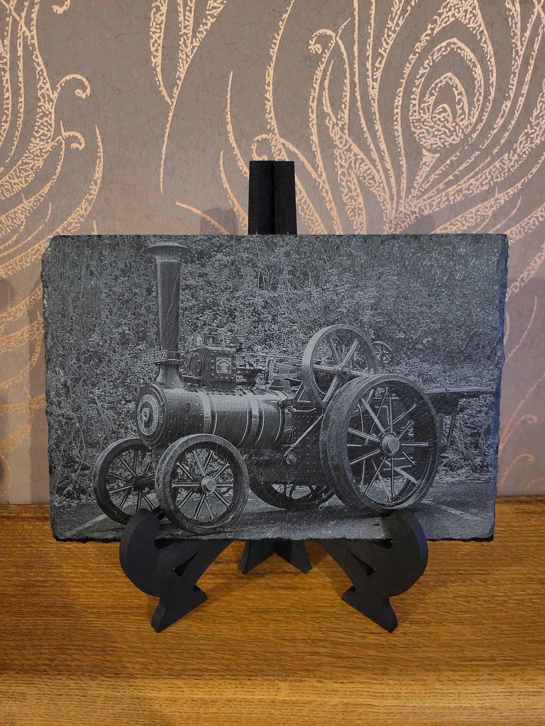 Slate, Lasered engraved, Traction engine.