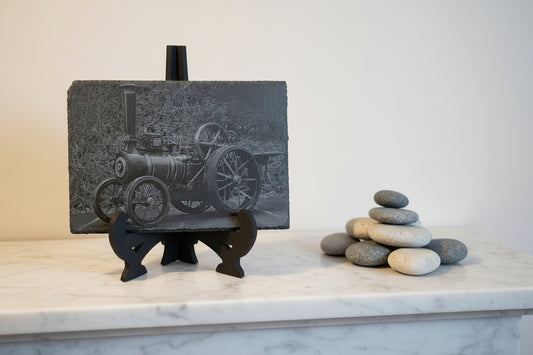 Slate, Lasered engraved, Traction engine.